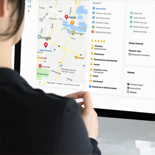 Person working on Google My Business profile on a laptop, with maps and review icons