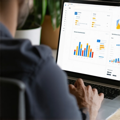 Person using SEO tools on laptop with charts and review metrics