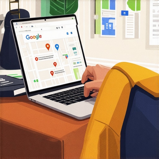 Person working on Google My Business profile with maps and SEO graphics