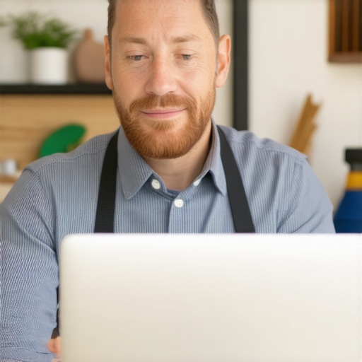 Business owner optimizing GMB profile on laptop inside storefront.