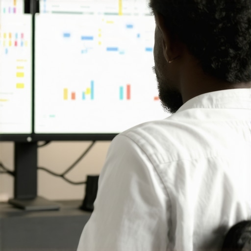 A marketer reviewing SEO analytics and maps on computer screens.