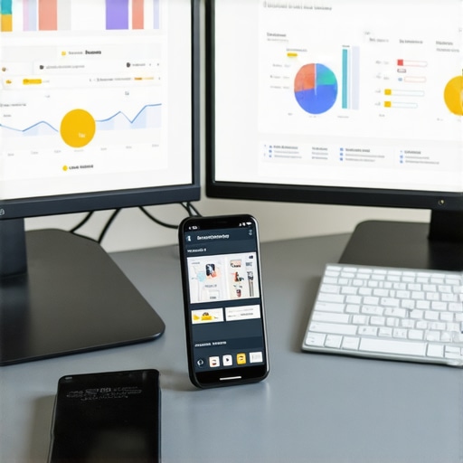 Essential Tools for Map Ranking Maintenance Desk setup with monitors displaying local SEO analytics and review management tools.
