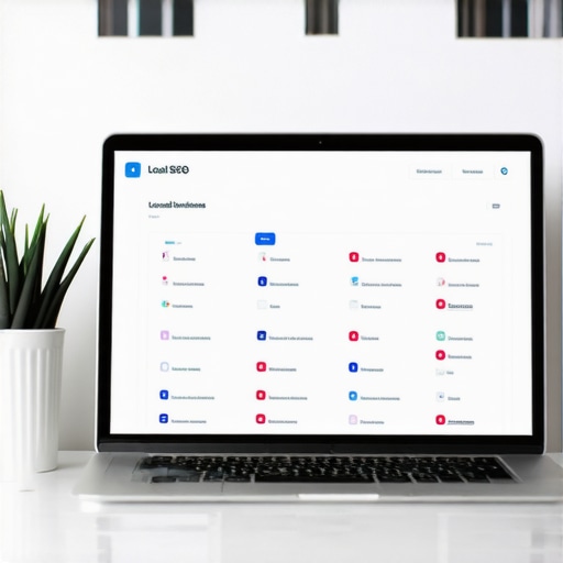 A workspace with a laptop showing local SEO analytics and directories.