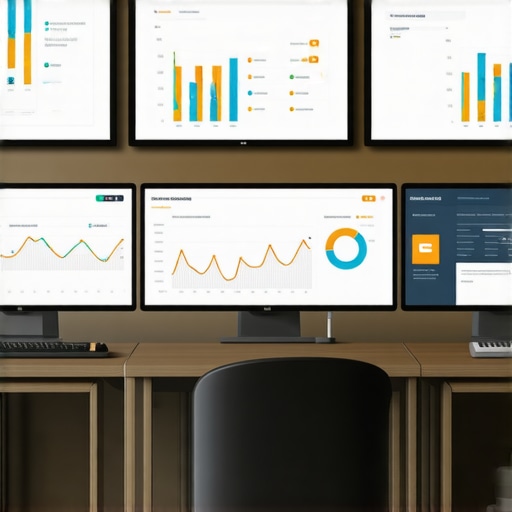 A professional SEO analyst reviewing local search rankings and analytics dashboards on multiple monitors.