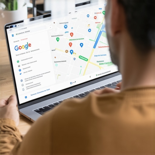 Business owner editing Google My Business profile on a laptop with maps display