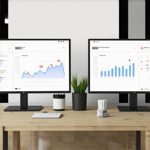Workspace with SEO dashboards and rank charts Digital marketer analyzing local SEO rankings on multiple screens.