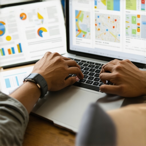 Person working on local SEO strategies using a laptop with charts and maps.