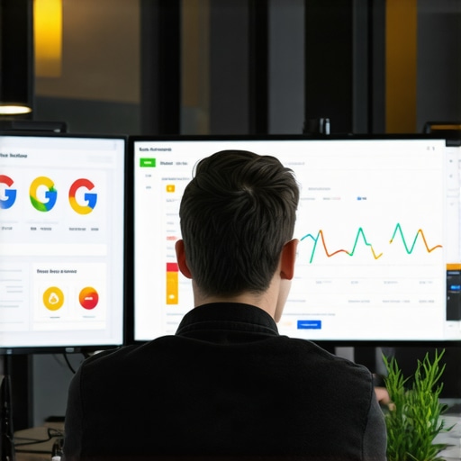 Analyst reviewing local SEO metrics on multiple monitors with citation and review management tools.