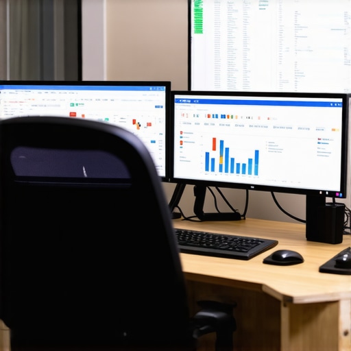 A workspace with monitors showing SEO analytics, citation statuses, and review management dashboards