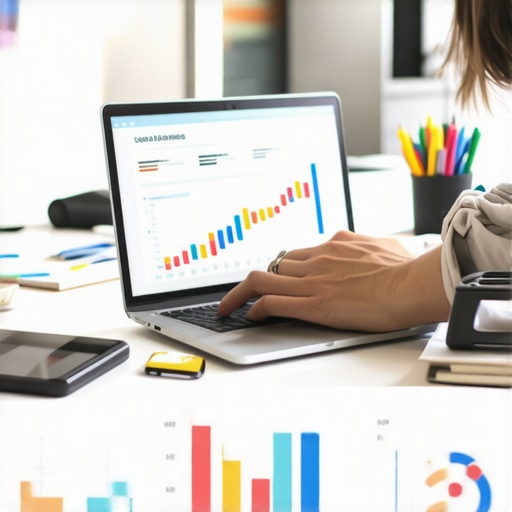 Person analyzing local SEO performance on laptop, with charts and tools around