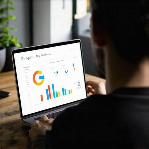 Digital marketer analyzing Google My Business profile with updated analytics on a laptop.