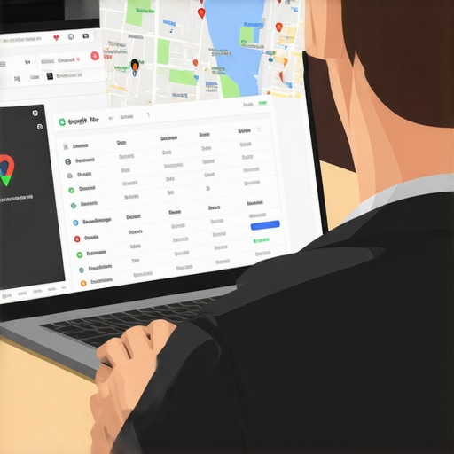 Business owner working on Google My Business optimization with maps and analytics visuals.