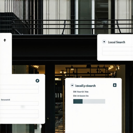 City street with business storefront and SEO annotations highlighting local visibility tactics.