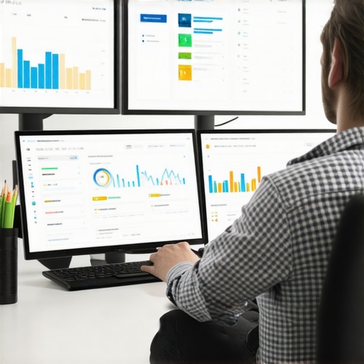 A professional managing local SEO tools on three monitors with graphs and reports.
