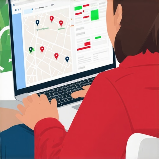 Person analyzing Google My Business insights on a laptop with local map overlays.