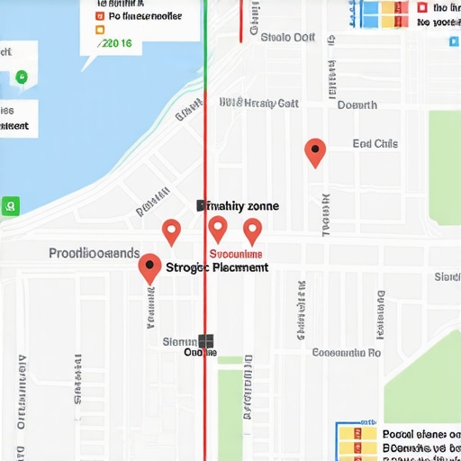 A map with highlighted local business profiles, proximity zones, and trust signals for Google My Business optimization