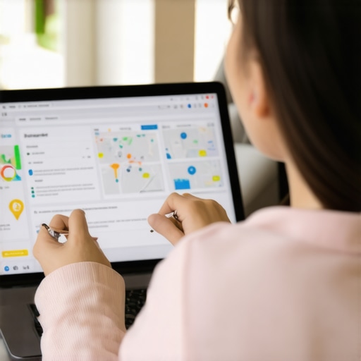 Business owner optimizing Google My Business profile on a computer in an office setting
