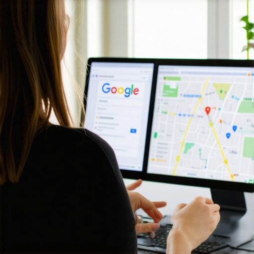 Business owner editing Google My Business profile on computer surrounded by maps and local landmarks