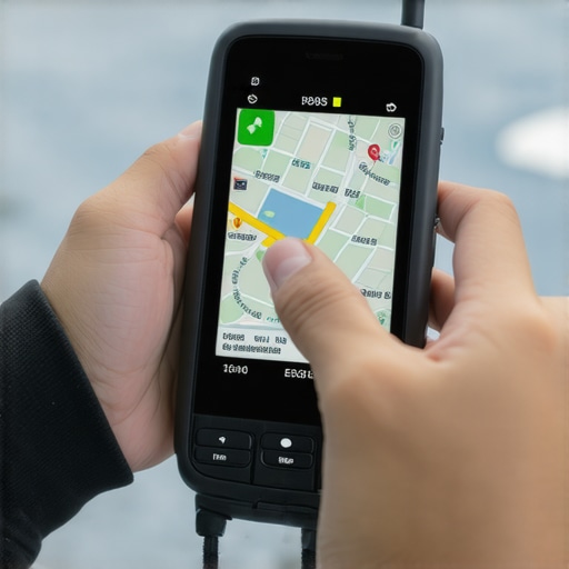 Person holding GPS device near storefront to ensure accurate map pin placement