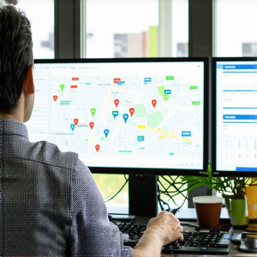 SEO professional reviewing map and neighborhood signals on a computer dashboard.