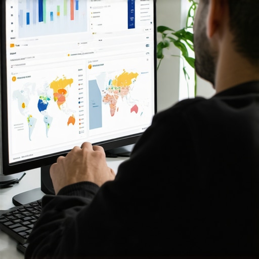 Person analyzing local SEO performance metrics on a computer screen with graphs and maps.