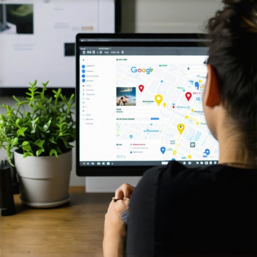 Person working on Google My Business profile at a desk with maps and analytics.