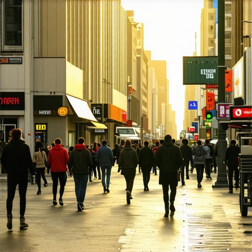 Busy intersection with store signs and pedestrian traffic highlighting street focus