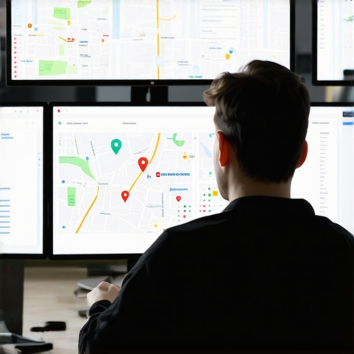 A professional monitoring local SEO performance with multiple analytics dashboards on computer screens.
